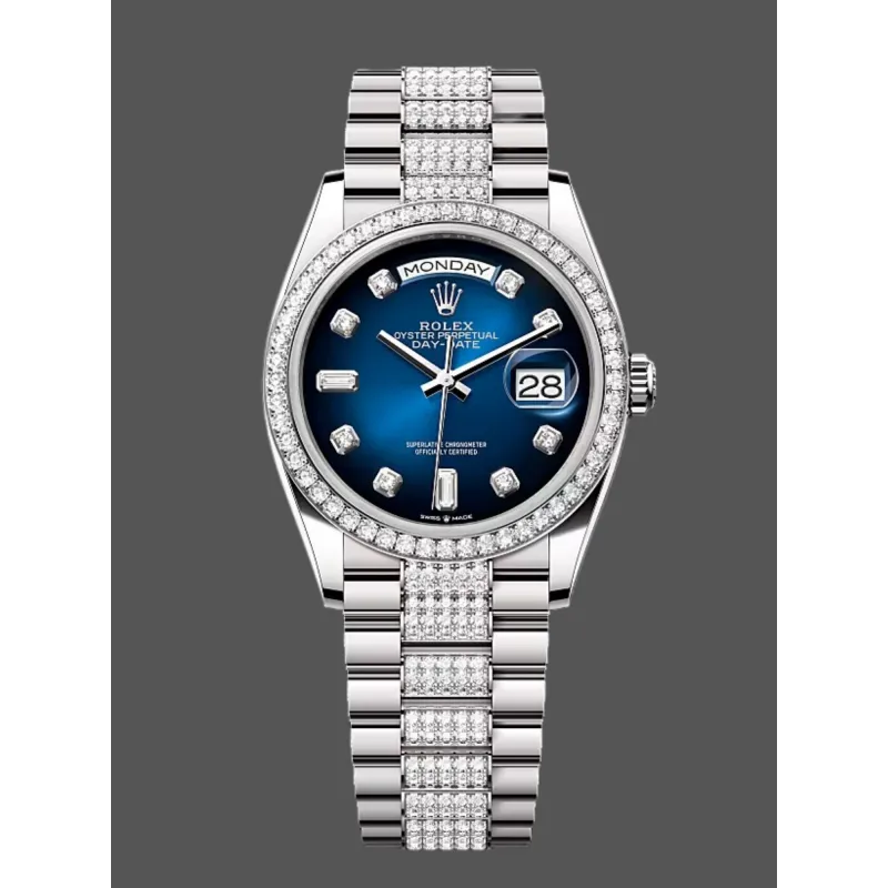 Rolex Day-Date 36 Unisex 128349RBR Replica - Quadrante Blu Lunetta con Diamanti