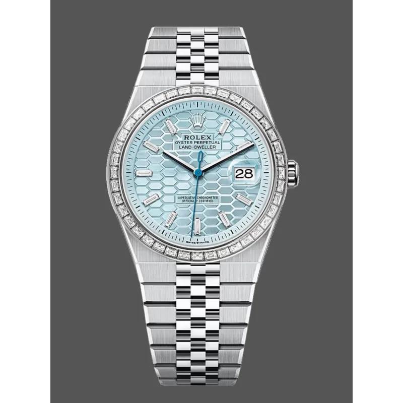 Rolex Land Dweller 127386 Replica - Quadrante Blu Ghiaccio Lunetta con Diamanti