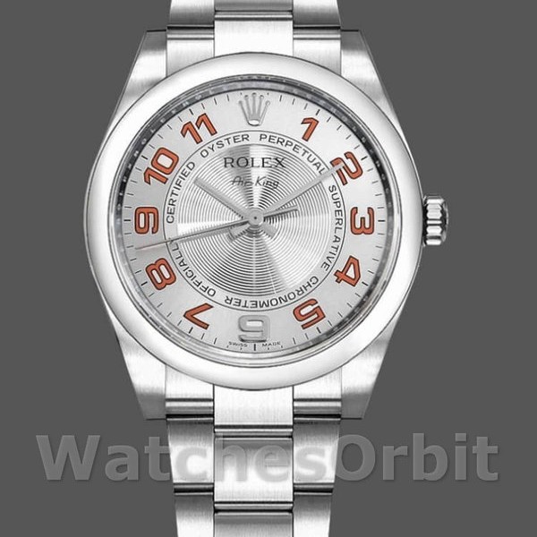 Replica Rolex Oyster Perpetual Air-King unisex 114200-34mm, quadrante bianco con indici d'uva, argento concentrico unisex