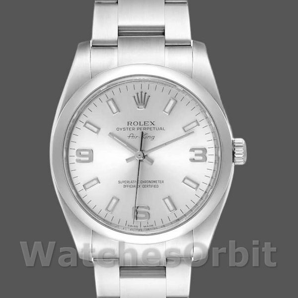 Replica Rolex Oyster Perpetual Air-King-114200 unisex, 34 mm, quadrante arabo argento, argento unisex