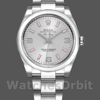 Replica Rolex Oyster Perpetual Air-King-114200 unisex, 34 mm, quadrante argento, pipistrello rosa, argento unisex