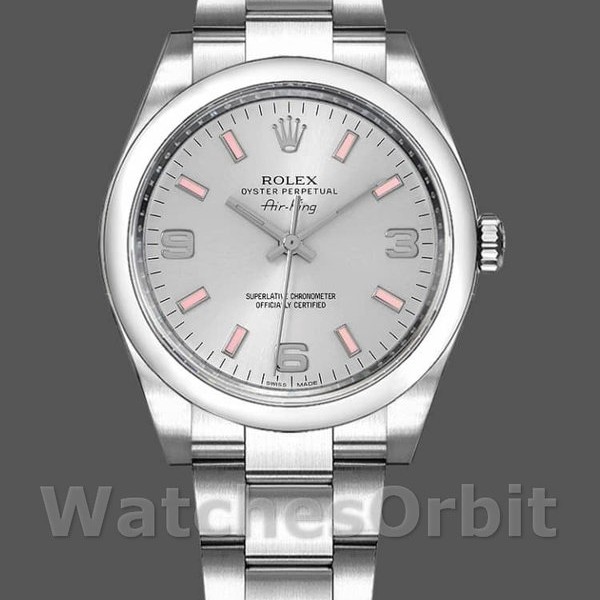 Replica Rolex Oyster Perpetual Air-King-114200 unisex, 34 mm, quadrante argento, pipistrello rosa, argento unisex