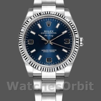 Replica Rolex Oyster Perpetual Air-King Unisex 34 mm Unisex-114234-Calrante blu-Ghiera scanalata in oro bianco Blu