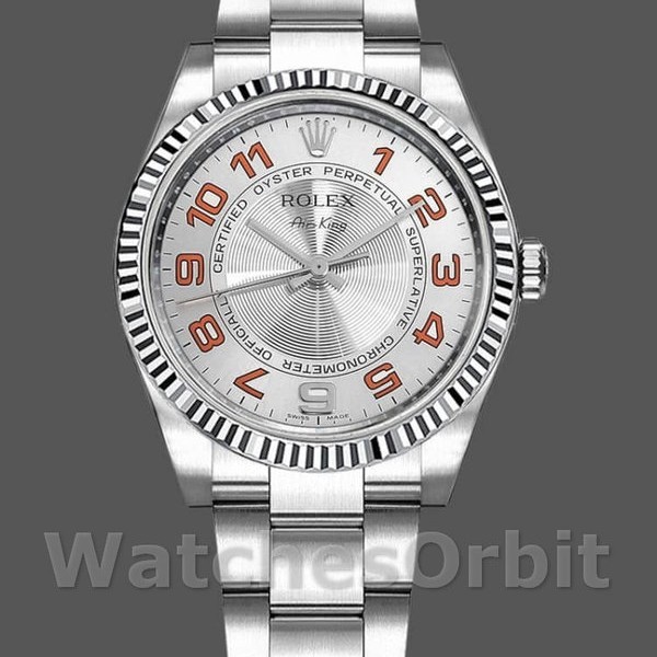Replica Rolex Oyster Perpetual Air-King-114234 unisex, 34 mm, quadrante arancione argento arabo, argento unisex