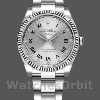 Replica Rolex Oyster Perpetual Air-King-114234 da uomo, 41 mm, quadrante argentato con diamanti romani, argento