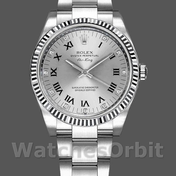 Replica Rolex Oyster Perpetual Air-King-114234 da uomo, 41 mm, quadrante argentato con diamanti romani, argento