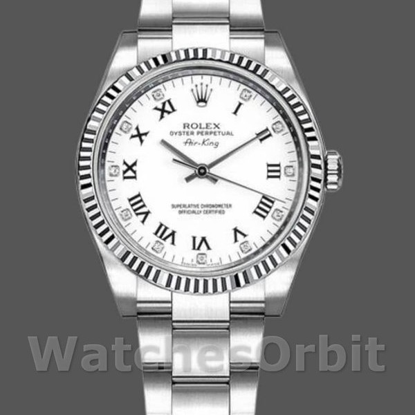 Replica Rolex Oyster Perpetual Air-King Unisex 34 mm Unisex-114234-Dialetto bianco con diamanti Diamante Bianco