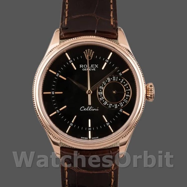 Replica Rolex Cellini Date 39mm Uomo-50515-Pelle marrone-Comparto indice nero Nero