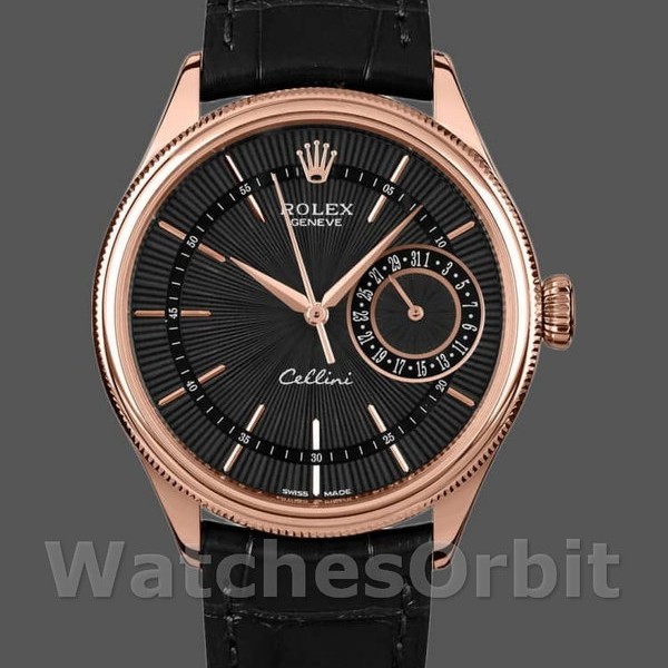 Replica Rolex Cellini Date 39mm Uomo-50515-oro rosa-quadrante nero indicizzato Nero<br />