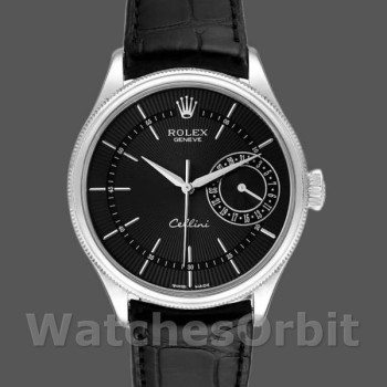 Replica Rolex Cellini Date 39 mm Uomo-50519-Pelle nera-Comparto nero Nero