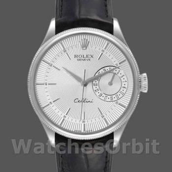 Replica Rolex Cellini Date 39 mm Uomo-50519-Pelle nera-Comparto argento Argento