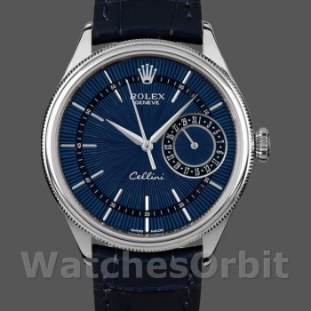 Replica Rolex Cellini Date-50519 da uomo, 39 mm, quadrante blu, cinturino in pelle blu, uomo blu