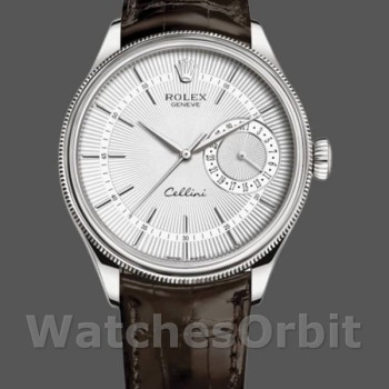 Replica Rolex Cellini Date 39mm Uomo-50519-Pelle marrone-Comparto argento Argento