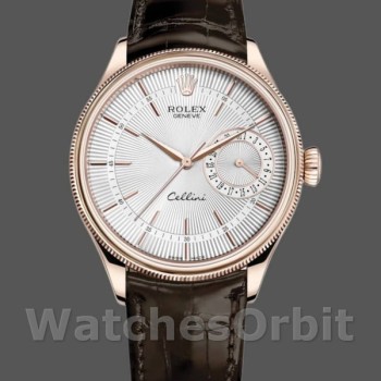 Replica Rolex Cellini Date 39mm Uomo-50515-oro rosa-argento-crocodile cinturino in pelle bianco