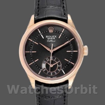 Replica Rolex Cellini Dual Time 39 mm Uomo-50525-Calrante nero-Cinturino in pelle nera Nero