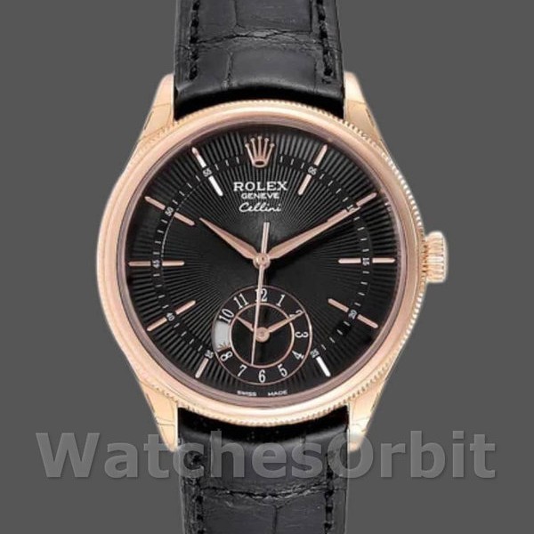 Replica Rolex Cellini Dual Time 39 mm Uomo-50525-Calrante nero-Cinturino in pelle nera Nero