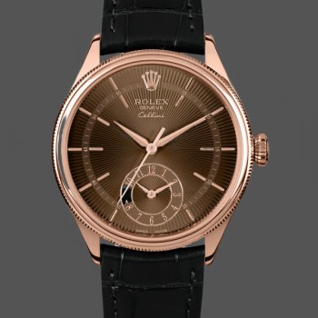 Replica Rolex Cellini Dual Time 39 mm Uomo-50525-Calrante marrone guilloché-Cinturino in pelle nera Marrone