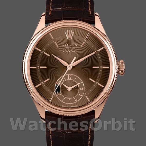 Replica Rolex Cellini Dual Time 39 mm Uomo-50525-Comparatore marrone guilloché-Cinturino in pelle marrone