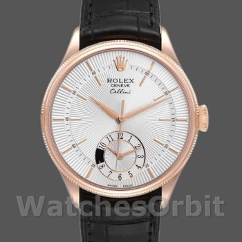 Replica Rolex Cellini Dual Time 39mm Uomo-50525-Comparatore argento-Cinturino in pelle nera Argento