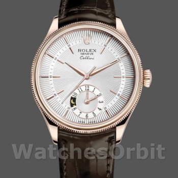 Replica Rolex Cellini Dual Time 39mm Uomo-50525-Comparatore argento-Cinturino in pelle marrone Argento