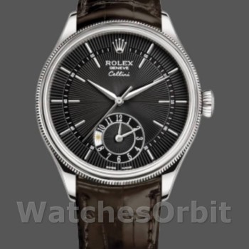 Replica Rolex Cellini Dual Time 39 mm Uomo-50529-Comparatore nero-Cinturino in pelle marrone Nero