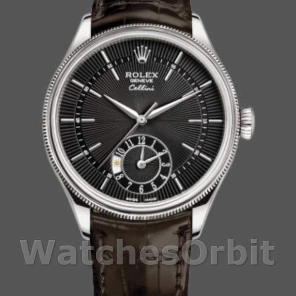 Replica Rolex Cellini Dual Time 39 mm Uomo-50529-Comparatore nero-Cinturino in pelle marrone Nero