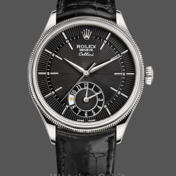 Replica Rolex Cellini Dual Time 39 mm Uomo-50529-Calrante nero-Oro bianco nero