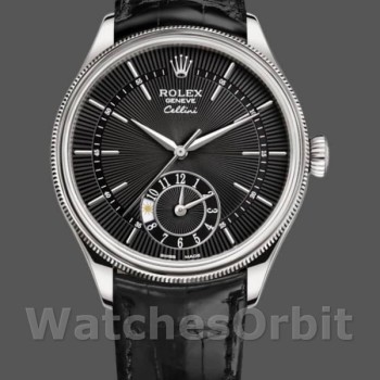 Replica Rolex Cellini Dual Time 39 mm Uomo-50529-Calendario nero Guilloche Nero