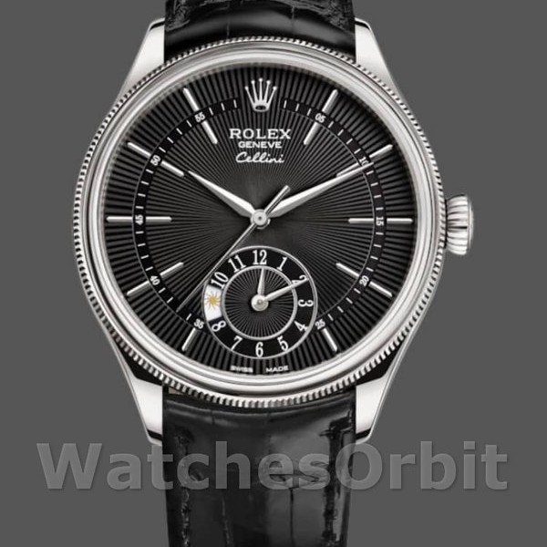 Replica Rolex Cellini Dual Time 39 mm Uomo-50529-Calendario nero Guilloche Nero