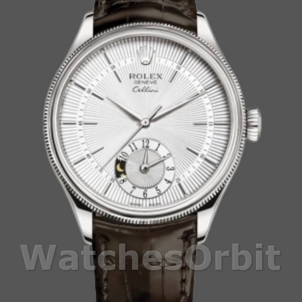 Replica Rolex Cellini Dual Time 39 mm Uomo-50529-Comparatore argento-Cinturino marrone Argento<br />