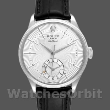 Replica Rolex Cellini Dual Time 39mm Uomo-50529-Componente argentato Sunburst-Cinturino in pelle nera Argento