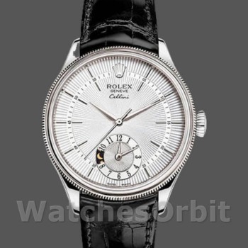 Replica Rolex Cellini Dual Time 39mm Uomo-50529-Componente argentato Sunburst-Cinturino in pelle marrone Argento
