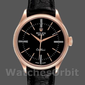 Replica Rolex Cellini Time 39 mm Uomo-50505-Cinturino in pelle nera-Comparatore nero Nero