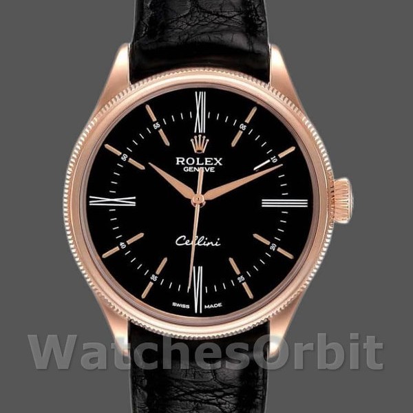Replica Rolex Cellini Time 39 mm Uomo-50505-Cinturino in pelle nera-Comparatore nero Nero
