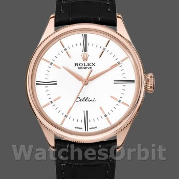 Replica Rolex Cellini Time 39mm Uomo-50505-Cinturino in pelle nera-Componente bianco Bianco