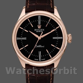 Replica Rolex Cellini Time 39 mm Uomo-50505-Cinturino in pelle marrone-Comparto nero Nero