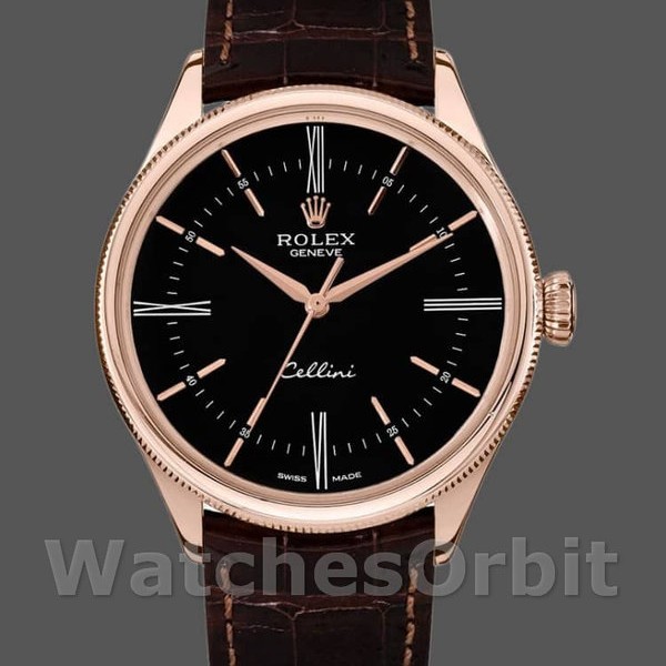 Replica Rolex Cellini Time 39 mm Uomo-50505-Cinturino in pelle marrone-Comparto nero Nero