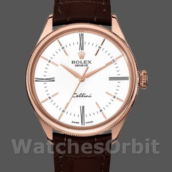 Replica Rolex Cellini Time 39 mm Uomo-50505-Cinturino in pelle marrone-Comparatore bianco Bianco