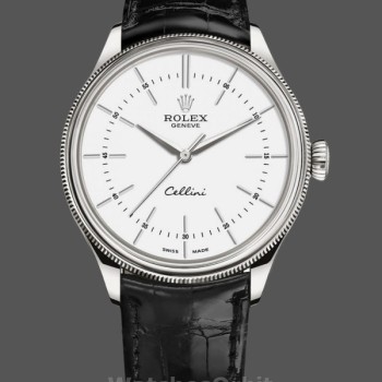 Replica Rolex Cellini Time 39mm Uomo-50509-Cinturino in pelle nera-Componente bianco Bianco