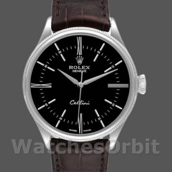 Replica Rolex Cellini Time 39 mm Uomo-50509-Cinturino in pelle marrone-Comparto nero Nero