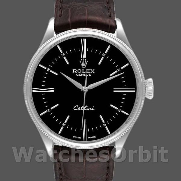 Replica Rolex Cellini Time 39 mm Uomo-50509-Cinturino in pelle marrone-Comparto nero Nero