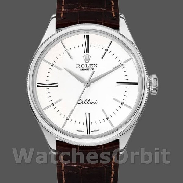 Replica Rolex Cellini Time 39mm Uomo-50509-Cinturino in pelle marrone-Componente bianco Bianco