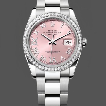 Replica Rolex Datejust 36-126284RBR 0024, quadrante rosa romano, diamante, quadrante rosa da donna, indici numerali romani