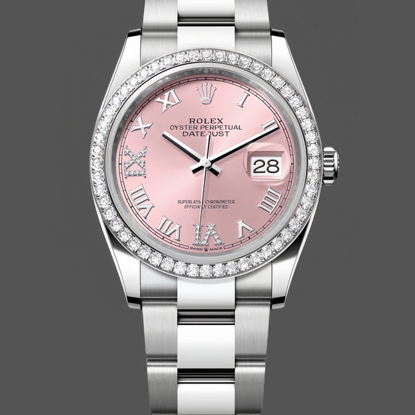 Replica Rolex Datejust 36-126284RBR 0024, quadrante rosa romano, diamante, quadrante rosa da donna, indici numerali romani