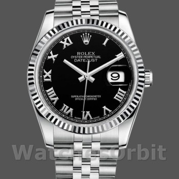 Replica Rolex Datejust 36 mm Uomo-116234-Acciaio inossidabile-Ghiera scanalata-Calendario romano nero Nero