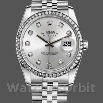 Replica Rolex Datejust 36mm Donna-116244-Dal quadrante argento-Diamanti Argento
