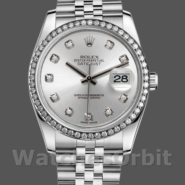 Replica Rolex Datejust 36mm Donna-116244-Dal quadrante argento-Diamanti Argento