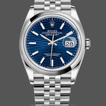 Replica Rolex Datejust 36 mm Unisex-126200-Automatico in acciaio inossidabile con quadrante blu a motivi ondulati Blu