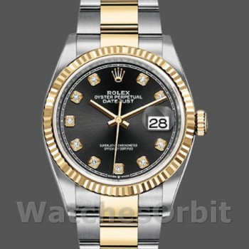 Replica Rolex Datejust 36 mm Unisex-126233-Contatore nero con diamanti-Ghiera scanalata Nero