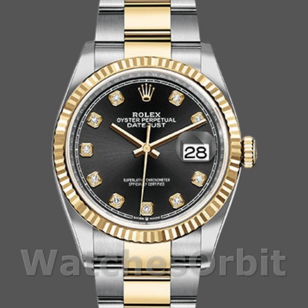 Replica Rolex Datejust 36 mm Unisex-126233-Contatore nero con diamanti-Ghiera scanalata Nero